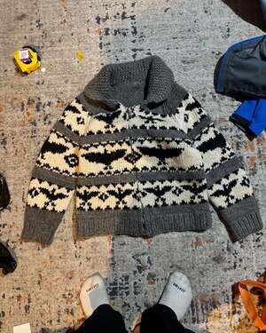Vintage Hand-Knit Cowichan Style Wool Sweater, Eagle Thunderbird Design, Size S